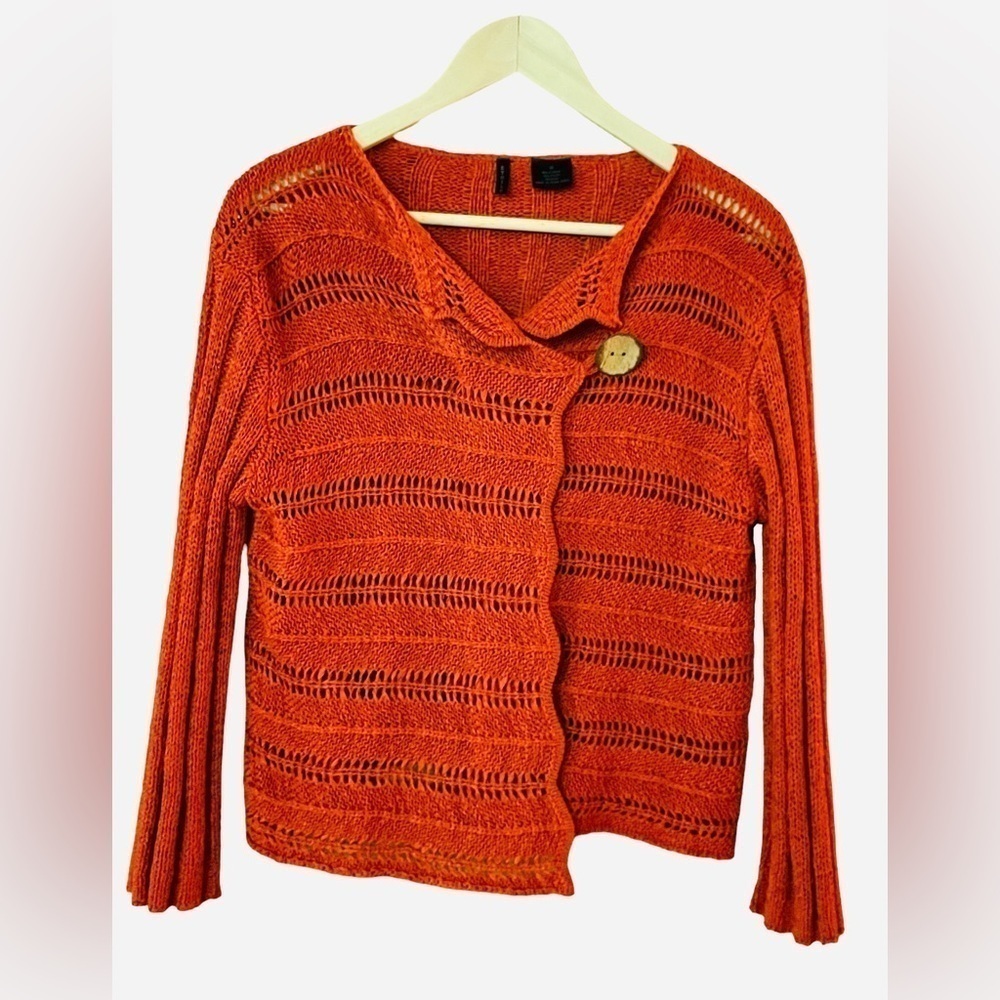 Etoile Burnt Orange Open Knit One Button 3/4 Sleeve Cardigan Sweater - Picture 2 of 9